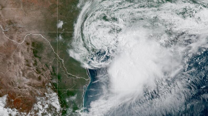 This GOES-19 GeoColor satellite image provided by NOAA shows Tropical Storm Arthur along the Gulf coast of Texas, on Wednesday, June 17, 2026. (NOAA via AP) CORRECTION: Name corrected to Arthur, instead of Arther