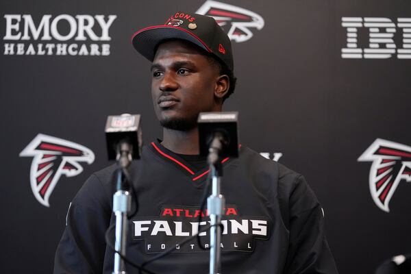 Atlanta Falcons first-round draft pick James Pearce Jr., speaks during a news conference, Friday, April 25, 2025, in Flowery Branch, Ga. (AP Photo/Brynn Anderson)