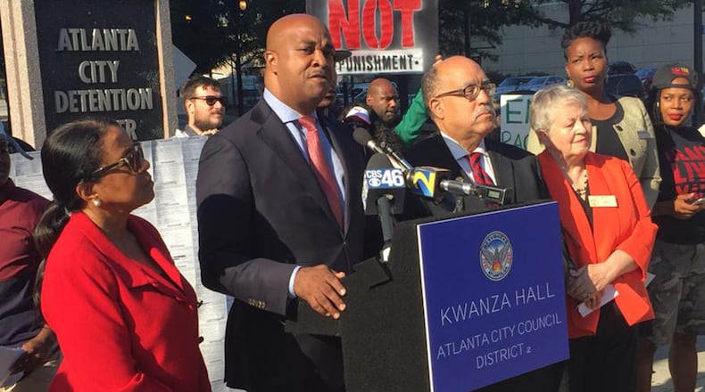 Atlanta City Councilman Kwanza Hall and state Sen. Vincent Fort at a Friday rally for changes in marijuana possession laws in Atlanta. The Council on Monday unanimously passed legislation cutting fees, eliminating jail time for possessing an ounce or less of marijuana in the city. LEON STAFFORD/AJC