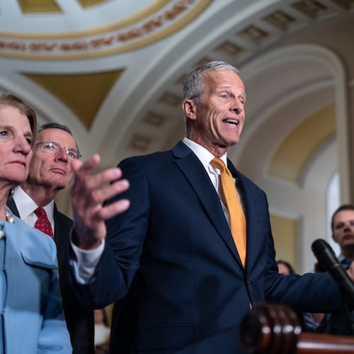 Senate Majority Leader John Thune, R-S.D., joined at left by Sen. Shelly Moore Capito, R-W.Va., and Sen. John Barrasso, R-Wyo., the GOP whip, speaks with reporters following a closed-door meeting with Vice President JD Vance on day 28 of the government shutdown, at the Capitol in Washington, Tuesday, Oct. 28, 2025. (AP Photo/J. Scott Applewhite)