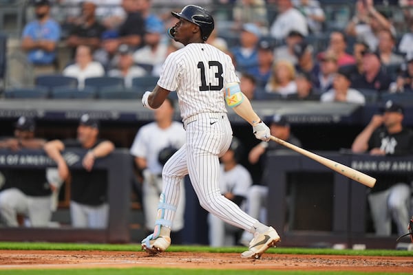 New York Yankees' Jazz Chisholm Jr. hits a three-run home run during the first inning of a baseball game against the Boston Red Sox Friday, June 6, 2025, in New York. (AP Photo/Frank Franklin II)