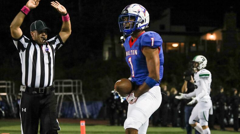 Walton's Dominick Blaylock (1) celebrates after making a reception for a first down during Friday's game. (AJ Reynolds/Special)