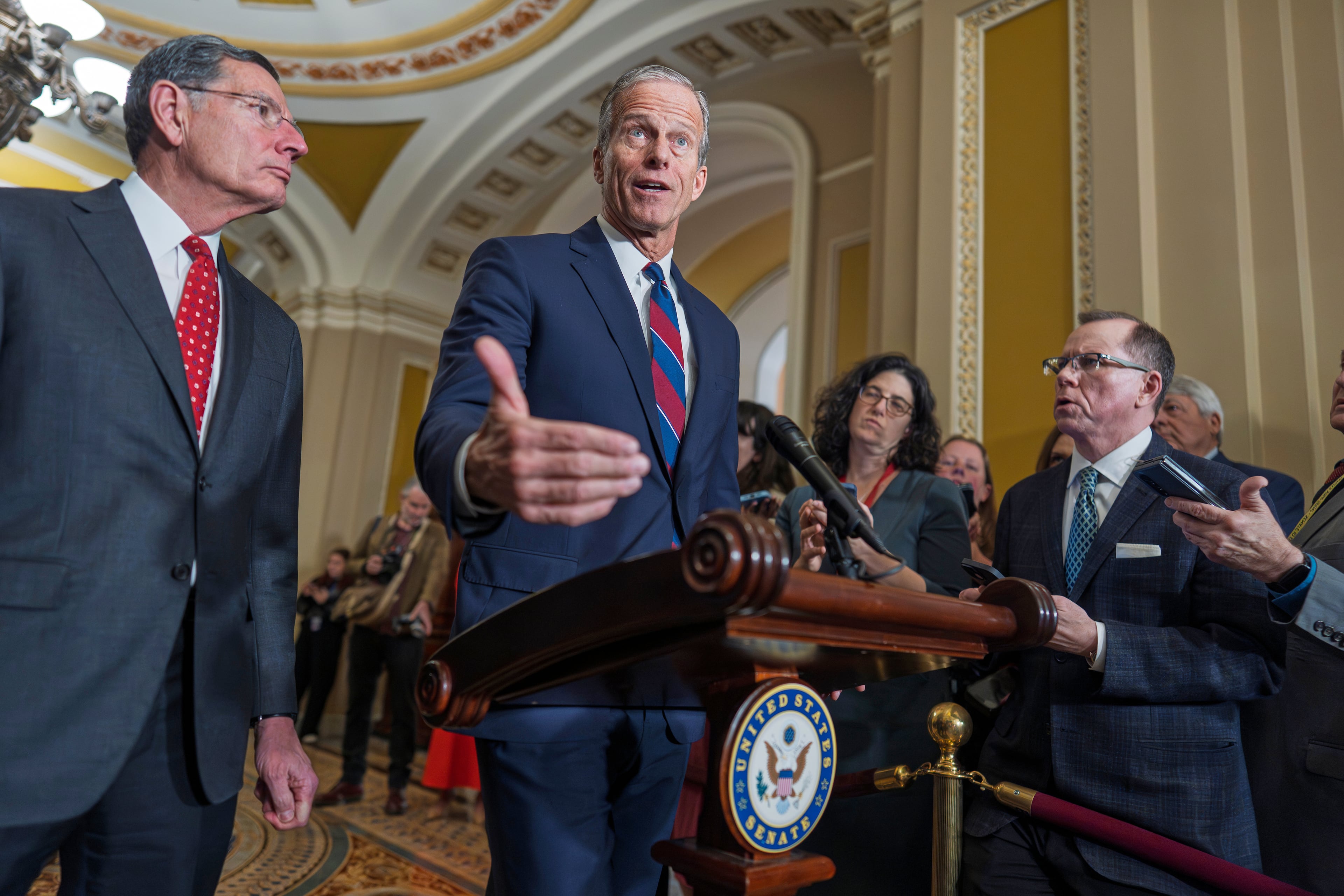 Senate Majority Leader John Thune (center) spoke with reporters after a closed door meeting with Republican colleagues in Washington this week. (J. Scott Applewhite/AP)