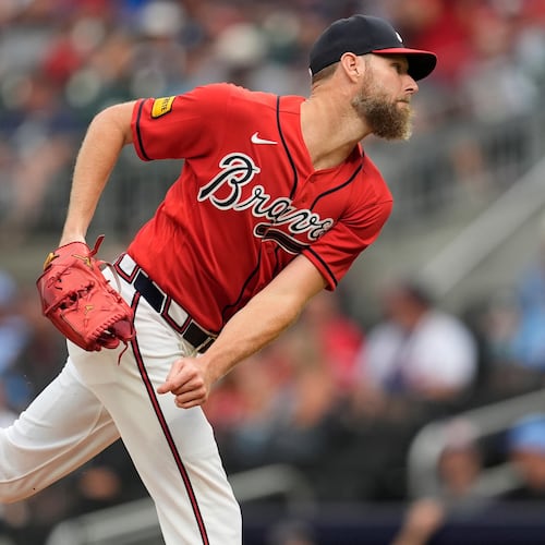 Atlanta Braves pitcher Chris Sale (51) works in the first inning of a baseball game against the Texas Rangers, Friday, July 17, 2026, in Atlanta. (AP Photo/Mike Stewart)