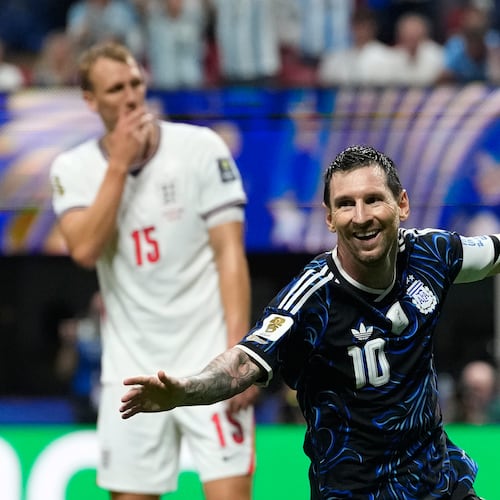 Argentina's Lionel Messi celebrates after teammate Enzo Fernandez scored their side's first goal during the World Cup semifinal soccer match between England and Argentina in Atlanta, Wednesday, July 15, 2026. (AP Photo/Rebecca Blackwell)