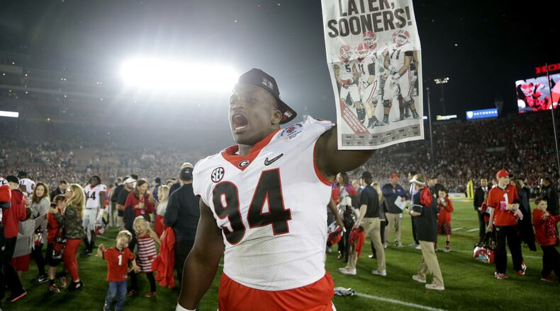 Michael Barnett's Georgia Bulldogs beat Oklahoma in the 2018 College Football Playoff semifinal at the Rose Bowl in the only meeting between the teams. Oklahoma and Texas are seeking to join Georgia in the SEC. (Photo by Jeff Gross/Getty Images)