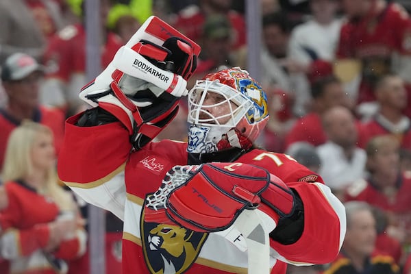 Florida Panthers goaltender Sergei Bobrovsky (72) takes a break during the first period of Game 6 of the NHL hockey Stanley Cup Final against the Edmonton Oilers, Tuesday, June 17, 2025, in Sunrise, Fla. (AP Photo/Lynne Sladky)