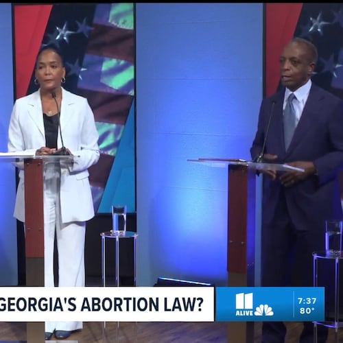 A screenshot of the Nexstar debate on Wednesday featuring (from left) former Lt. Gov. Geoff Duncan, former Atlanta Mayor Keisha Lance Bottoms and former DeKalb County chief executive Michael Thurmond.
