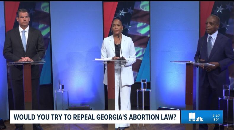 A screenshot of the Nexstar debate on Wednesday featuring (from left) former Lt. Gov. Geoff Duncan, former Atlanta Mayor Keisha Lance Bottoms and former DeKalb County chief executive Michael Thurmond.