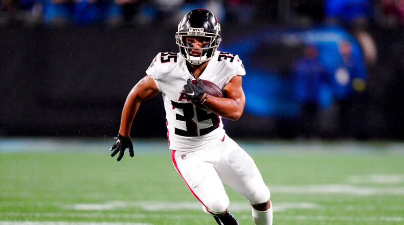 Atlanta Falcons cornerback Avery Williams runs against the Carolina Panthers during the first half of an NFL football game on Thursday, Nov. 10, 2022, in Charlotte, N.C. (AP Photo/Jacob Kupferman)