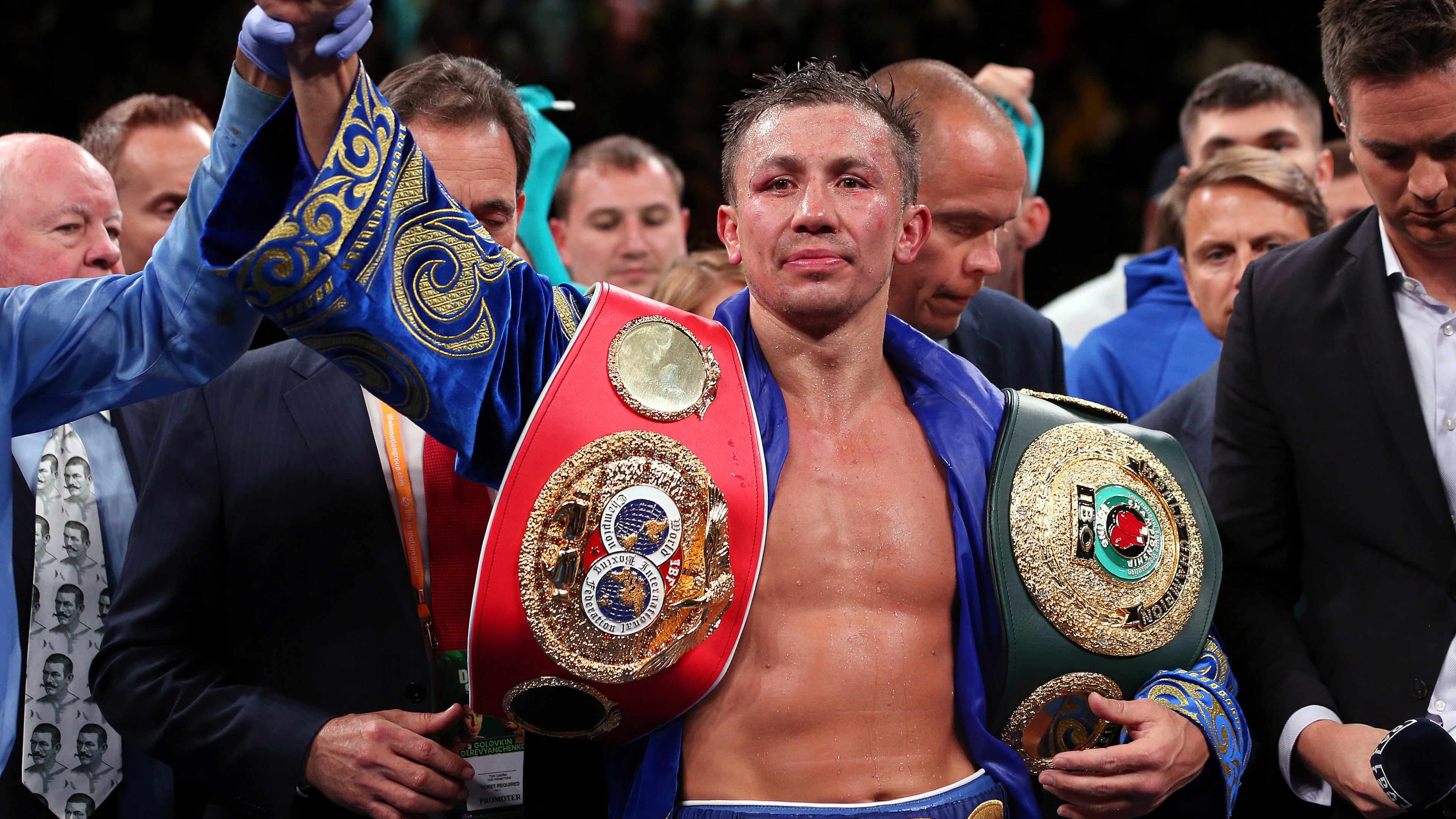 FILE - Gennadiy Golovkin reacts after defeating Sergiy Derevyanchenko in a unanimous decision in their IBF middleweight championship title bout at Madison Square Garden in New York on Saturday, Oct. 5, 2019. (AP Photo/Rich Schultz, File)