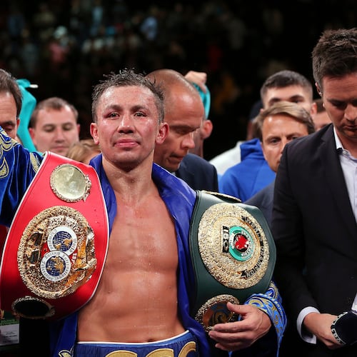FILE - Gennadiy Golovkin reacts after defeating Sergiy Derevyanchenko in a unanimous decision in their IBF middleweight championship title bout at Madison Square Garden in New York on Saturday, Oct. 5, 2019. (AP Photo/Rich Schultz, File)