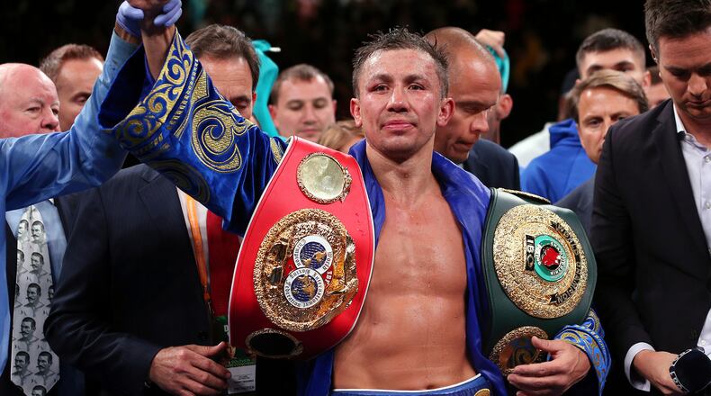 FILE - Gennadiy Golovkin reacts after defeating Sergiy Derevyanchenko in a unanimous decision in their IBF middleweight championship title bout at Madison Square Garden in New York on Saturday, Oct. 5, 2019. (AP Photo/Rich Schultz, File)