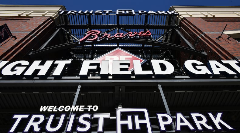 March 2, 2022 Atlanta - Right Field gates at Truist Park are locked on Wednesday, March 2, 2022. (Hyosub Shin / Hyosub.Shin@ajc.com)