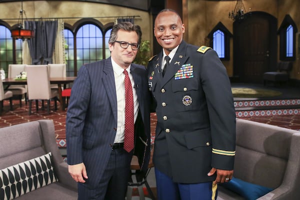 Turner head of security and Army reserve officer Donald Morrison (right) with Turner Classic Movies host Ben Mankiewicz is among the guest hosts for the cable channel’s Veterans Day programming this weekend. Photo by John Nowak/TCM