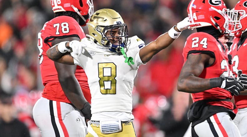 Georgia Tech wide receiver Malik Rutherford (8) reacts during the first half in an NCAA football game at Sanford Stadium, Friday, November 29, 2024, in Athens. (Hyosub Shin / AJC)
