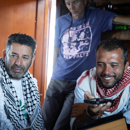 Saif Abukeshek, a Palestinian-Spanish activist and member of the Global Sumud Flotilla’s steering committee, left, and Thiago Ávila, a Brazilian activist and member of the Global Sumud Flotilla’s steering committee, aboard the Greenpeace vessel Arctic Sunrise, which joined a Gaza-bound flotilla in the Mediterranean Sea on April 18, 2026. (Max Cavallari/Greenpeace via AP)