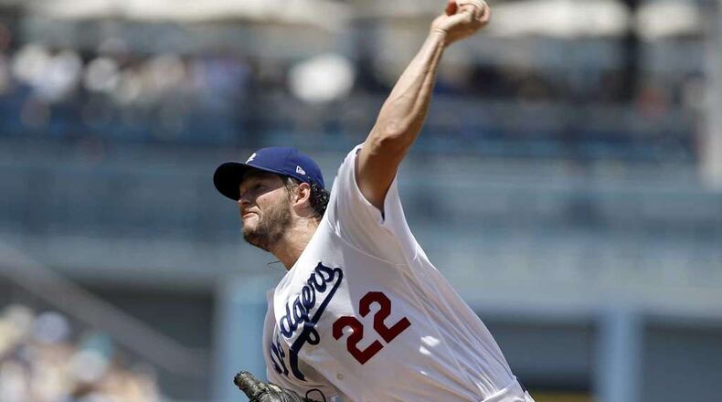 Clayton Kershaw left Sunday’s game against the Braves with low-back tightness. The three-time former National League Cy Young Award winner missed more than two months last season for back issues. (AP file photo)