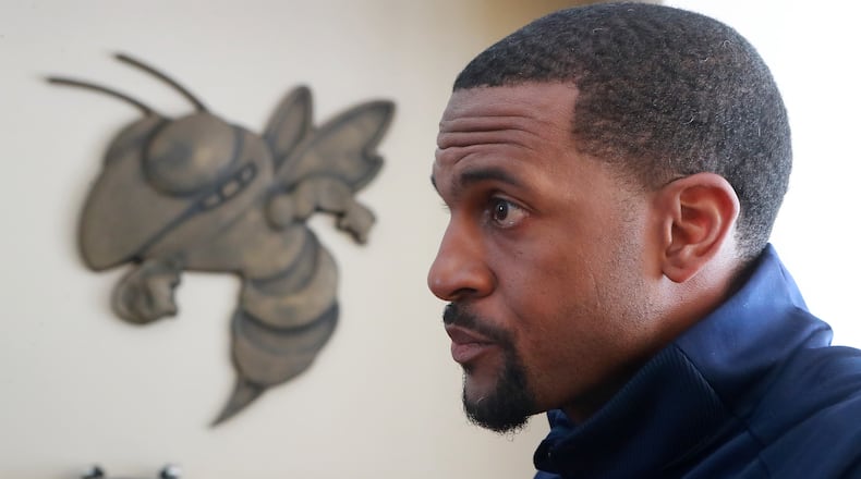 Jan. 10, 2019 Atlanta: Georgia Tech wide receivers coach Kerry Dixon takes questions during a media session at Bobby Dodd Stadium on Thursday, Jan. 10, 2019, in Atlanta. Curtis Compton/ccompton@ajc.com