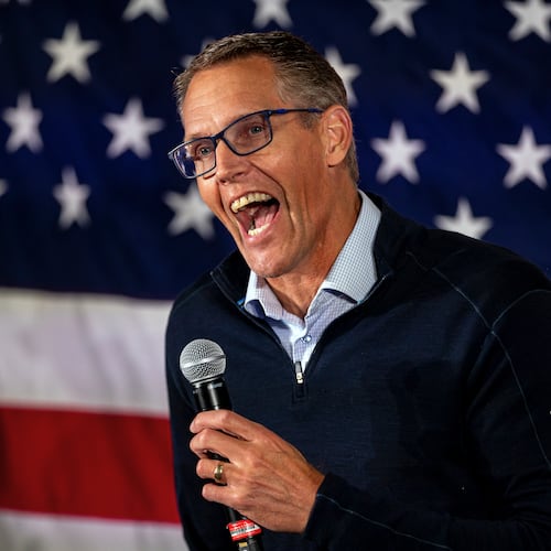 Rep. Randy Feenstra, R-Iowa, speaks during the Triple M Tailgate fundraiser for U.S. Rep. Mariannette Miller-Meeks, R-Iowa, in Iowa City, Iowa, Friday, Oct. 24, 2025. (Nick Rohlman/The Gazette via AP)