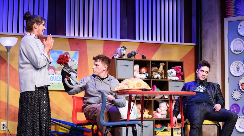 Wendy Melkonian, Ben Thorpe and Patrick Wade perform in the Alliance Theatre’s “Hand to God,” which is being staged at Dad’s Garage theater in the Old Fourth Ward. Credit: Greg Mooney