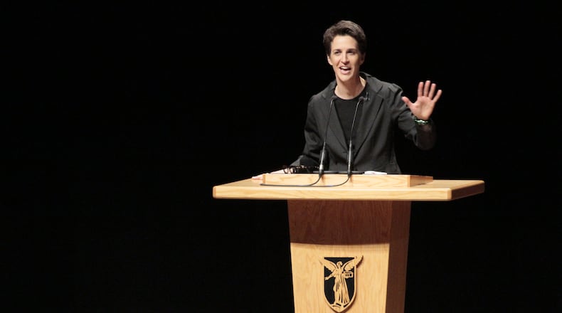MUNCIE, IN - DECEMBER 02:  Rachel Maddow discusses the headlines of the day in Emens Auditorium at Ball State University, David Letterman's alma mater, on December 2, 2011 in Muncie, Indiana.  (Photo by Ron Hoskins/Getty Images)