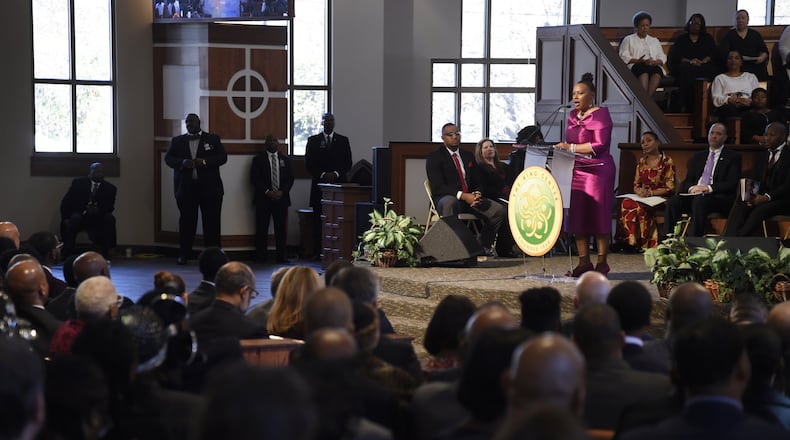 Bernice King speaks at the Martin Luther King, Jr. Annual Commemorative Service, Monday, Jan. 21, 2019. Bernice is Martin Luther King, Jr’s daughters and chief executive officer and board member of the King Center. (Annie Rice/For The Atlanta Journal-Constitution)