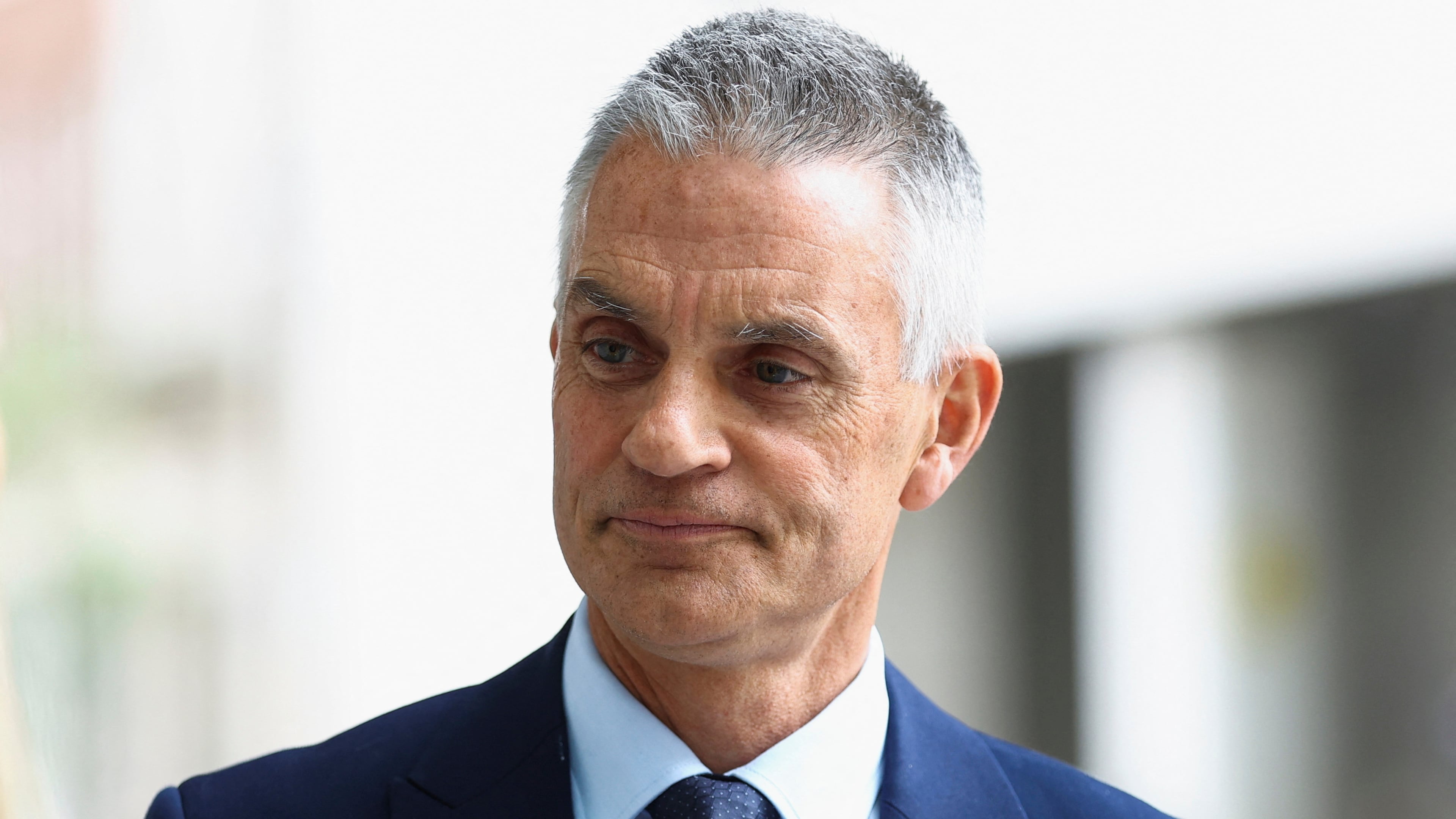 FILE - BBC Director-General Tim Davie is pictured at BBC World Service offices in London, Thursday, April 28, 2022. (Hannah McKay/Pool via AP, File)