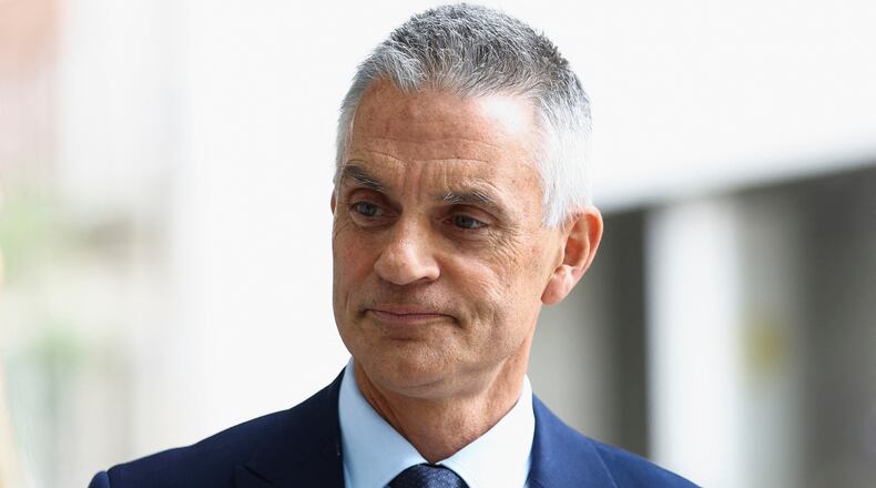 FILE - BBC Director-General Tim Davie is pictured at BBC World Service offices in London, Thursday, April 28, 2022. (Hannah McKay/Pool via AP, File)
