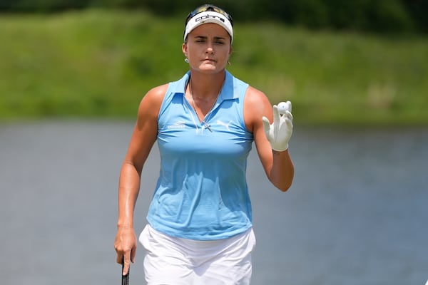 Lexi Thompson walks off the third green during the final round of the Chevron Championship LPGA golf tournament Sunday, April 27, 2025, in The Woodlands, Texas. (AP Photo/Ashley Landis)