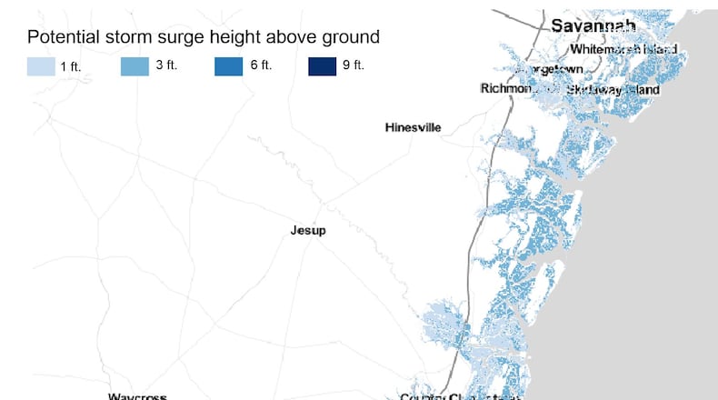 A map of potential storm surges on coastal Georgia during Hurricane Irma. (Map by Saurabh Datar/AJC)