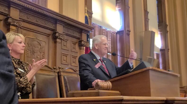 House Speaker David Ralston, R-Blue Ridge, gives a thumbs up Wednesday after the House voted unanimously to approve sweeping mental health legislation. Maya T. Prabhu/maya.prabhu@ajc.com