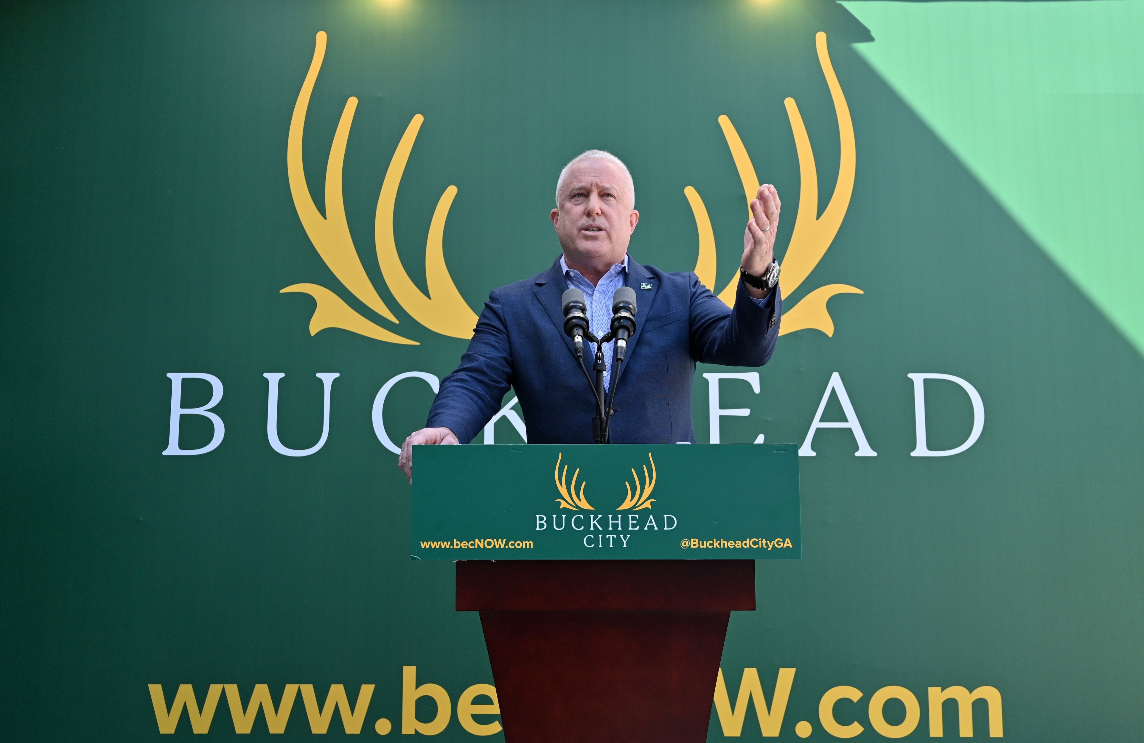 Bill White, chairman and CEO of the Buckhead City Committee, speaks to members of the press during a news conference to discuss an important series of next steps outside the Buckhead City Committee headquarters on Wednesday, February 16, 2022. (Hyosub Shin/AJC)