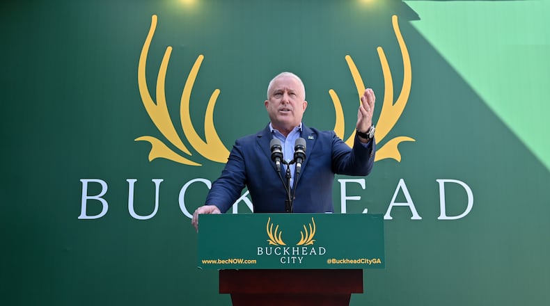 February 16, 2022 Atlanta - Bill White, chairman and CEO of the Buckhead City Committee, speaks to members of the press during a news conference to discuss an important series of next steps outside the Buckhead City Committee headquarters on Wednesday, February 16, 2022. (Hyosub Shin / Hyosub.Shin@ajc.com)