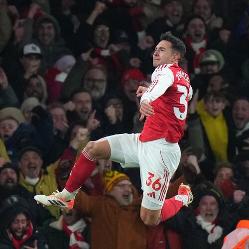 Arsenal's Martin Zubimendi celebrates after scoring his side's second goal during the English Premier League soccer match between Arsenal and Aston Villa in London, Tuesday, Dec. 30, 2025. (AP photo/Alastair Grant)