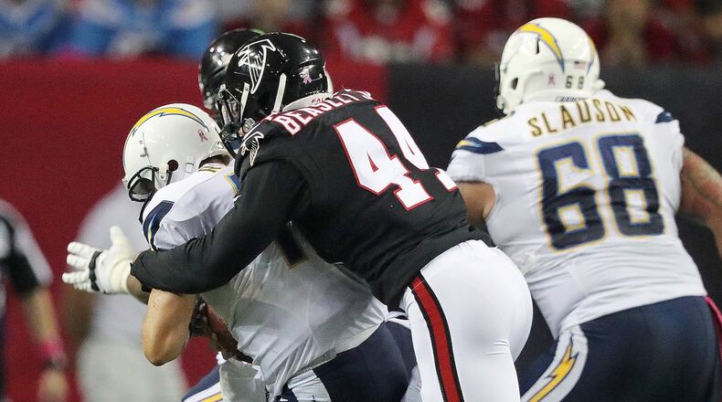 October 23, 2016 Atlanta: Falcons Vic Beasley Jr. sacks Chargers quarterback Philip Rivers during the second half in an NFL football game on Sunday, Oct. 23, 2016, in Atlanta. Curtis Compton /ccompton@ajc.com