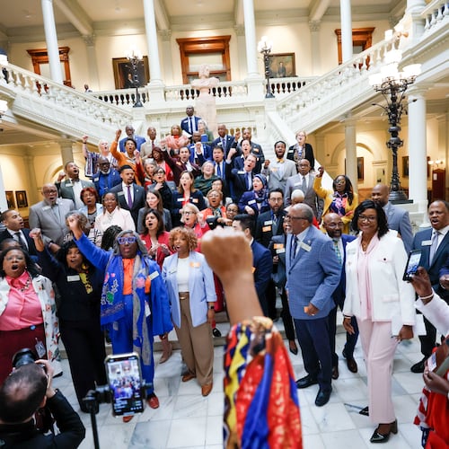 FILE - Georgia House Democrats walk out of the House Chamber in protest, after Senate Bill 185, which would outlaw spending on gender affirming care for transgender prisoners, was introduced at the state Capitol, April 2, 2025, in Atlanta. (Miguel Martinez/Atlanta Journal-Constitution via AP, File)