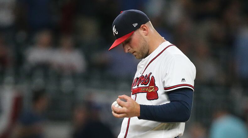 Braves lefty Ian Krol reacts after giving up a grand slam to the Nationals’ Ryan Zimmerman on April 19. (Curtis Compton/ccompton@ajc.com)