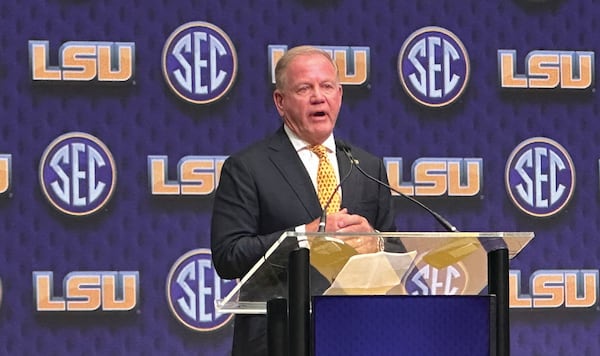 Louisiana State Head Football Coach Brian Kelly discusses the upcoming season during the SEC Media Days Monday, July 14, 2025 at the College Football Hall of Fame in Atlanta. (Hunter Dawkins/The Gazebo Gazette via AP)