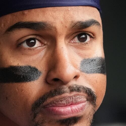 New York Mets' Francisco Lindor looks to the field during the ninth inning of a baseball game against the Chicago Cubs in Chicago, Sunday, April 19, 2026. (AP Photo/Nam Y. Huh)