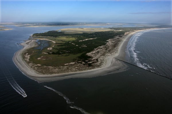 A boat navigates past the southern tip of Cumberland Island in Georgia as seen in this 2007 aerial photograph. (Curtis Compton/AJC file photo)