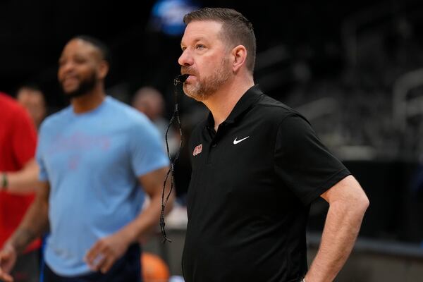 Mississippi head coach Chris Beard looks out on the court during practice before the Sweet 16 of the NCAA college basketball tournament, Thursday, March 27, 2025, in Atlanta. (AP Photo/George Walker IV)