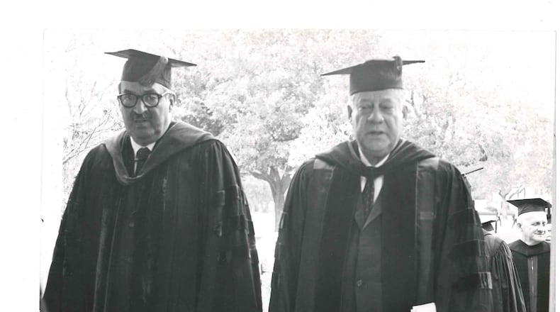 Former Dillard University President Albert W. Dent (right), escorts former U.S. Supreme Court Justice Thurgood Marshall on campus during the university's centennial celebration in 1969. Dent was the school's second president, serving for 28 years, starting in 1941.