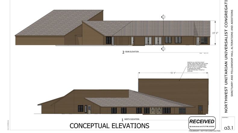 Architect’s drawings depict the proposed expansion, approved with conditions by the Sandy Springs City Council, of the Northwest Unitarian Universalist Congregation at 1025 Mount Vernon Highway NW, Sandy Springs.