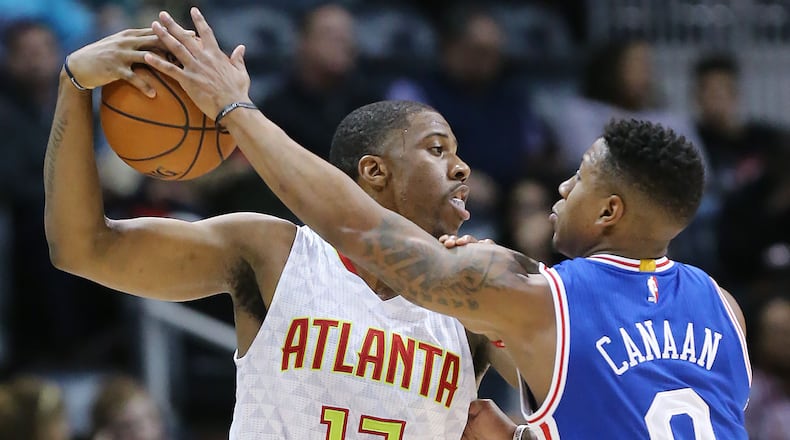 Hawks’ Lamar Patterson battles 76ers Isaiah Canaan for the ball during the second half in a basketball game on Wednesday, Dec. 16, 2015, in Atlanta. The Hawks beat the 76ers 127-106. Curtis Compton / ccompton@ajc.com