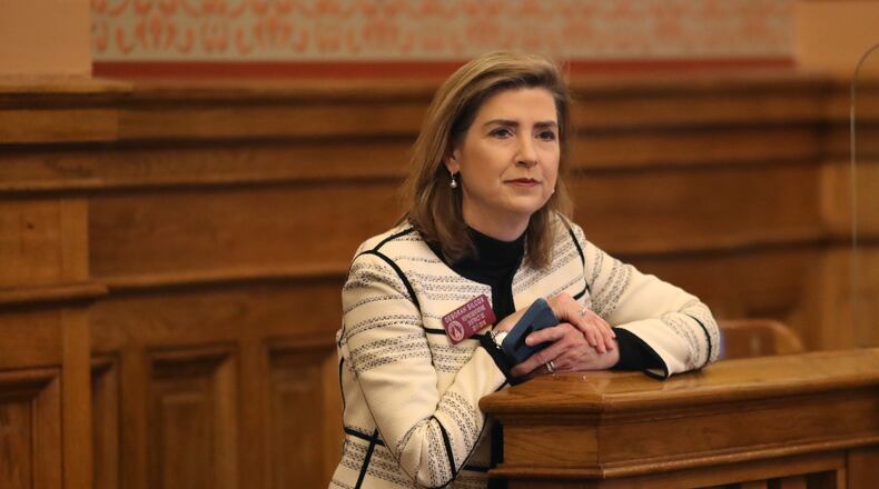 March 21, 2018 - Atlanta, Ga: Rep. Deborah Silcox, R-Sandy Springs, listens to the discussion on House Bill 419 in the Senate Chamber during legislative day 37 at the Georgia State Capitol Wednesday, March 21, 2018, in Atlanta. Rep. Silcox is the sponsor of HB419. After a thirty minute debate the Senate decided to not vote on the fireworks bill, HB419. PHOTO / JASON GETZ