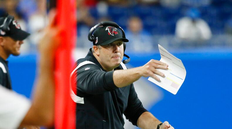 Falcons coach Arthur Smith has been pleased with many players during training camp. (AP Photo/Duane Burleson)