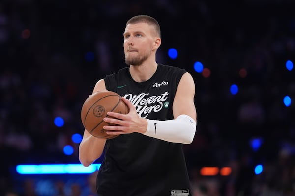 New Atlanta Hawk Kristaps Porzingis warms up before a playoff game with the Celtics. (I'll spare you the poorly drawn update this time.)