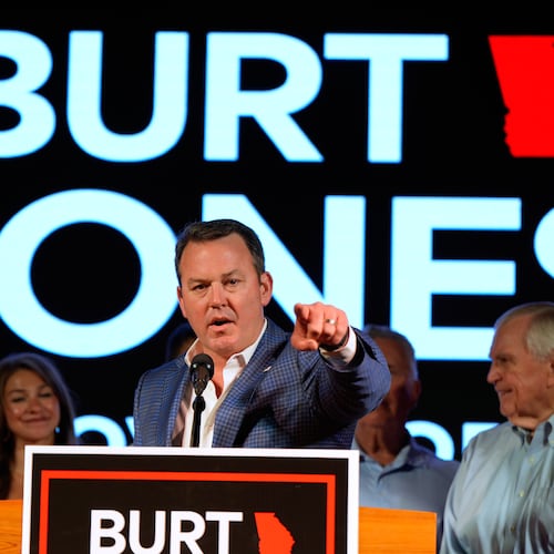 Georgia gubernatorial candidate Burt Jones speaks during a primary election night watch party, Tuesday, May 19, 2026, in Jackson, Ga. (AP Photo/Mike Stewart)