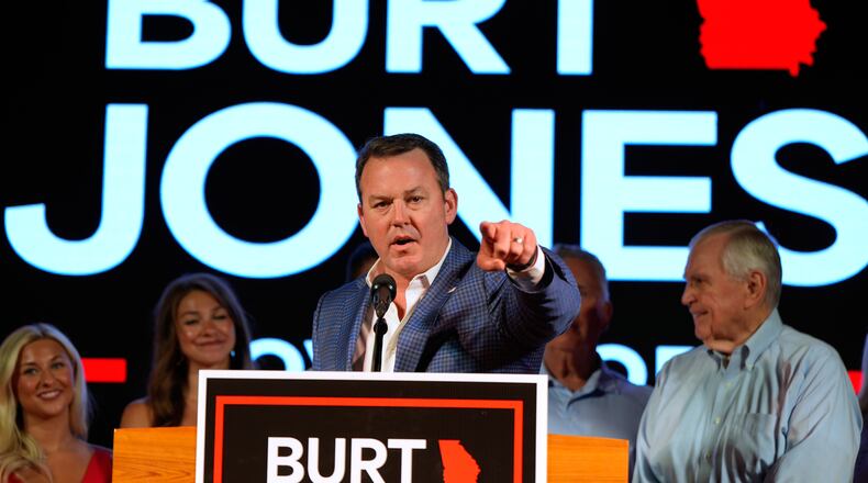 Georgia gubernatorial candidate Burt Jones speaks during a primary election night watch party, Tuesday, May 19, 2026, in Jackson, Ga. (AP Photo/Mike Stewart)